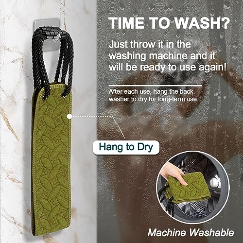 Exfoliating Back Scrubber for Use in Shower, 38.5 Inch Back Washer with Handles, Dual-Sided Body Exfoliator for Daily & Deep Skin Cleaning, Bath Back Scrub Washcloth for Men & Women (Green)