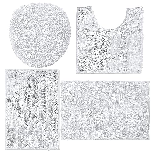 LuxUrux Bathroom Rugs Sets 4 Piece - Non-Slip Shaggy Chenille Mat Set - Includes U-Shaped Contour Toilet Mat, Lid Cover, 20x30'' and 16x24'' Bath Mat - White - color: White, size: 4 Piece Set