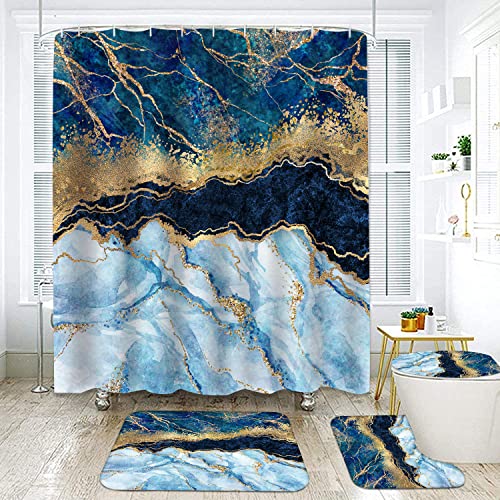 Marble Bathroom Sets with Rugs for Bathroom Decor, 72x72 Inches Gold Shower Curtain with Non-Slip Rugs and Accessories, Waterproof Machine Washable Bath (SC Set-marbleicegold) - color: Sc Set-marbleicegold
