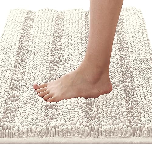 H.VERSAILTEX Bath Rugs for Bathroom Non Slip Bath Mats Extra Thick Chenille Striped Rug 20" x 32" Absorbent Non Skid Fluffy Soft Shaggy Washable Dry Fast Plush Mat for Indoor, Bath Room, Tub - Ivory - color: Ivory, size: 20" x 32"