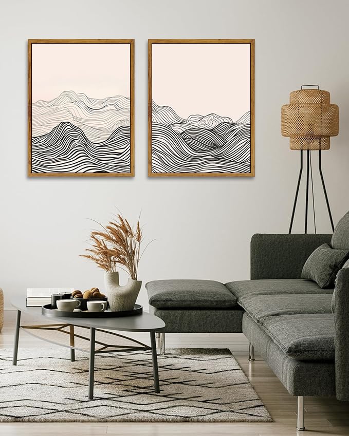 ARTZIO Framed Canvas Prints-Black and White Wall Art,Japanese Minimalist Abstract Ocean Wave Line Art,Vintage Retro Decor,Ready to Hang for Living Room,Bedroom,Bathroom & Office(16"x24") - color: 2-PCS-1, size: 16"x24"