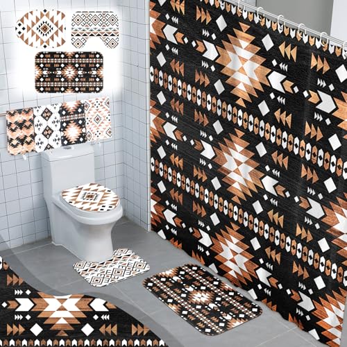 FuWeave 8 Pcs Western Aztec Shower Curtain Set, Southwestern Boho Geometric Bathroom Decor with Waterproof Curtain, Non Slip Rugs, Toilet Lid Cover, Bath Mat & 12 Hooks, Abstract Pattern for Bathroom - color: Aztec