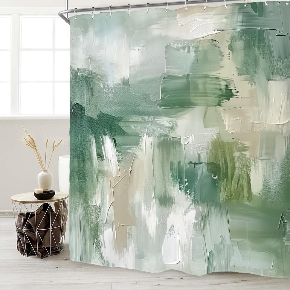 Miyotaa Abstract Sage Green Shower Curtain Set 60Wx71H Inches Brush Stroke Art Neutral Modern Contemporary Oil Painting Waterproof Bathroom Curtain with 12 Hooks - color: Abstract Sage Green, size: 60"W x 71"L (Pack of 1)