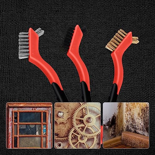 MAXMAN Wire Brush Set 3Pcs, Small Wire Brushes for Cleaning, Rust Remover, Scrub Brush, Detailing Brush, Metal Brush, Stainless Steel/ Brass/ Nylon Bristles Bristle Brush, Scratch Brush, (Red) - style: 3 PCS Brass/Stainless Steel/Nylon Bristles Red