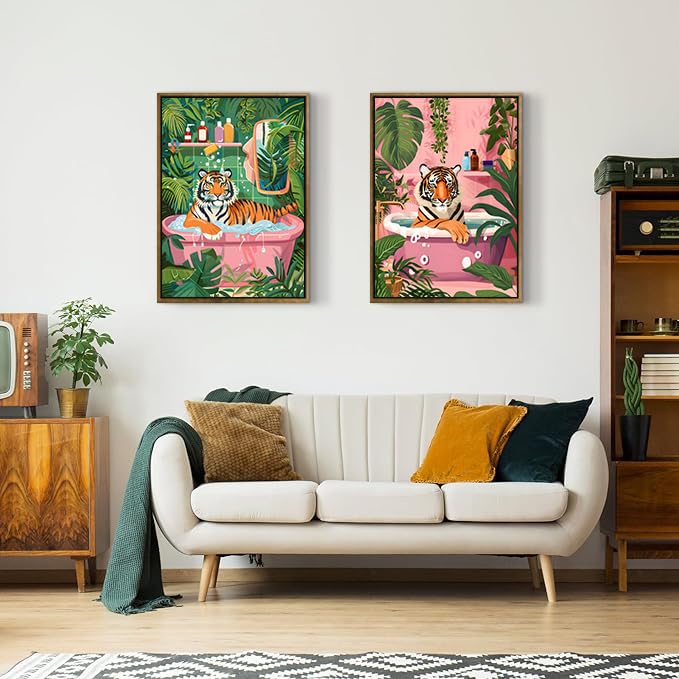 ARTZIO Framed Canvas Wall Art–Whimsical Tiger in Bathtub Jungle Bath Decor,Funny Animal Wall Art for Bathroom,Living Room & Home Office–Set of 2 (16"x24") - color: 2-PCS-3, size: 16"x24"