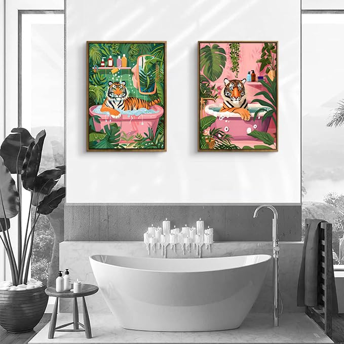 ARTZIO Framed Canvas Wall Art–Whimsical Tiger in Bathtub Jungle Bath Decor,Funny Animal Wall Art for Bathroom,Living Room & Home Office–Set of 2 (16"x24") - color: 2-PCS-3, size: 16"x24"