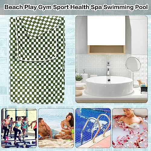 Kinlop 6 Pcs Checkered Bath Towels Set Back to School Lightweight Coral Washcloth Quick Dry Patterned Thin Coral Fleece Hand Towel for Bathroom Gym Spa Beach Accessory(Green,Checkered) - color: Green, style: Checkered