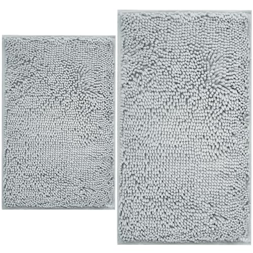 BOANKODU Bathroom Rugs Sets 2 Piece, Extra Soft Chenille Bath Mat Absorbent Bathroom Rug, Bathroom Mat with PVC Non-Slip Bottom, Machine Washable Bath Rugs (32x20 Inch + 24x16 Inch, Light Grey) - color: Light Grey, size: 16" x 24" + 20" x 32" (Rectangular