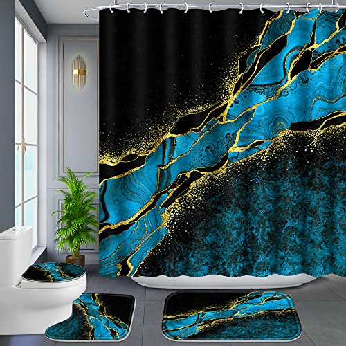 Poedist 4 Pcs Gold Edge Marble Bathroom Shower Curtain Set, Bathroom Sets with Shower Curtain and Rugs(Bath Mat,U Shape and Toilet Lid Cover Mat) and 12 Hooks-Sky Blue - color: Blue Yellow