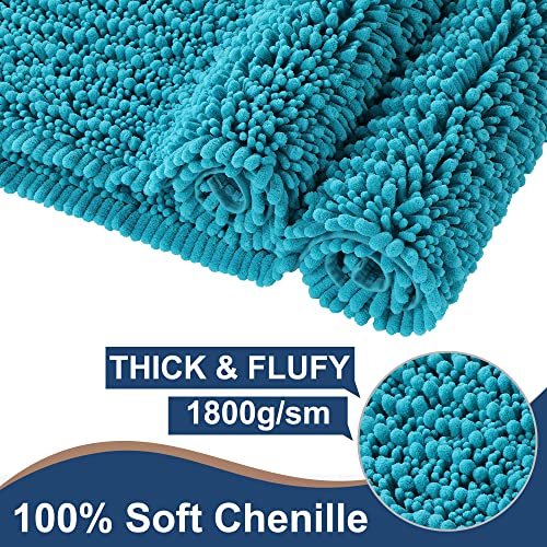 FLOLEOPA Luxury Chenille Peacock Blue Bathroom Rugs Bath Mats Sets, Extra Soft and Absorbent Bathroom Rugs Non Skid Machine Wash Dry Bath Mats（32"x20" Plus 17"x24"） - color: Peacock Blue, size: 32"x20" Plus 17"x24"