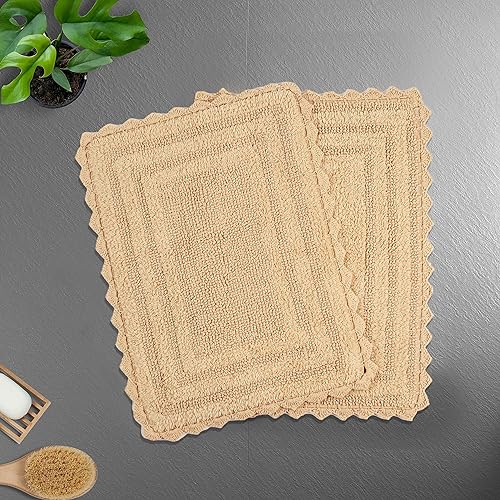 TreeWool 2-Pack Gorjeeus Collection Soft Reversible Bathroom Rug Cotton Bath Mat Set with Crochet Border - Rectangle (19" x 26"; Beige) - color: Beige