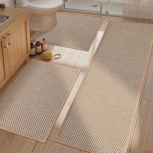 YIHOUSE Thin Bath Mat Khaki Bathroom Rugs Sets 3 Pieces, Non Slip Absorbent Bath Mats Quick Dry, Woven Braided Rugs Washable,Tapetes para Baño for Bathroom,Bathtub(17.5"x24"U+17"x24"+17"x47") - color: Khaki, size: 3Pieces(17.5"x24"U+17"x24"+17"x47")
