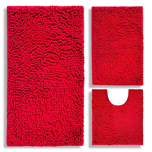 BOANKODU Bathroom Rugs Chenille 3-Piece Extra Soft and Absorbent Shag Bathroom Rugs, Machine Wash Mat, Strong PVC Non-Slip Underside, Plush Carpet Mats (Red) - color: Red, size: 2'8" x 1'8" (16x24"+20x32"+20x20"U shape）