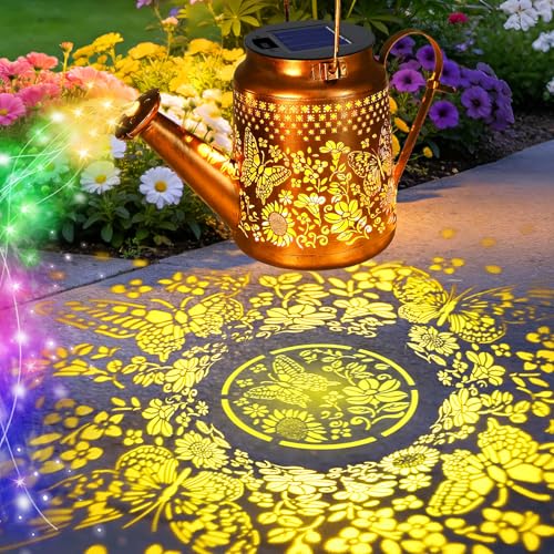 ANGMLN Butterfly Solar Lights Outdoor Waterproof, Birthday Gifts for Mom Grandma Women, Solar Watering Can Lights with Shepherd Hook, Metal Hanging Lantern Garden Decor Yard Outside Patio Lawn - color: Butterfly&Sunflower