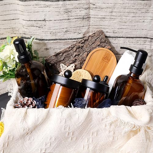 Bathroom Accessory Set 5 Pcs, 2 Pcs 16oz Amber Glass Soap Dispensers with Stainless Steel Pumps, 2 Pcs Qtip Holder Dispensers with Waterproof Labels & Bamboo Tray