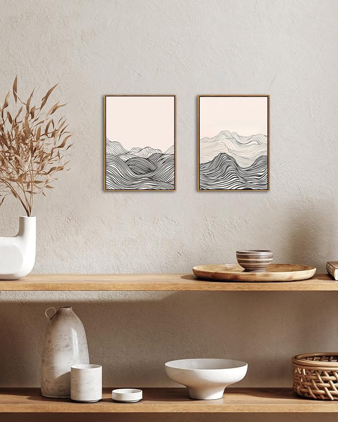 ARTZIO Framed Canvas Wall Art–Minimalist Japanese Abstract Wave Line Art in Black & White,Ready to Hang,Vintage Retro Decor for Living Room Bedroom Bathroom Office–12×16″ - color: 2-PCS-1, size: 12"x16"