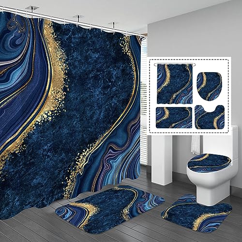 Gibelle 4 Pcs Luxury Marble Shower Curtain Set with Non-Slip Rugs, Toilet Lid Cover and Bath Mat, Gold Foil Navy Blue Bathroom Decor Set with Shower Curtain and Rugs and Accessories - color: Navy Blue