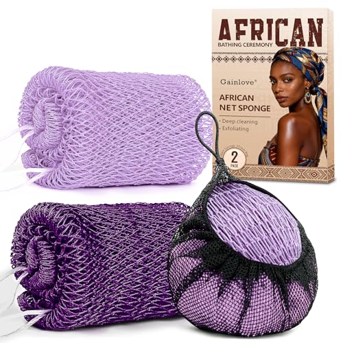 2 Pack African Net Sponge Exfoliating Body Scrubber Bath Sponge for Daily Use (Light Purple+Dark Purple) - color: Light Purple+dark Purple