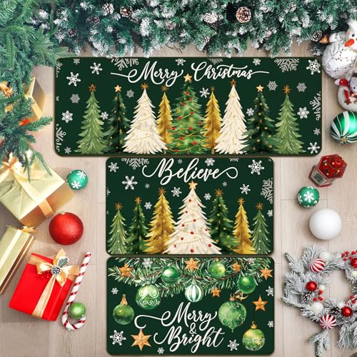 Drydiet 3 Pcs Green Christmas Kitchen Rug and Mat Set Xmas Tree Snowflakes Kitchen Floor Mat Waterproof Non Slip Farmhouse Merry Christmas Doormat Holiday Xmas Decor for Home Office Bathroom Decor - color: Green, style: Christmas Tree