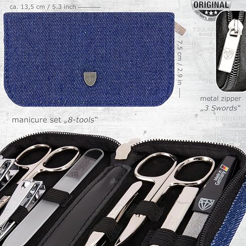 3 Swords Germany - brand quality 8 piece manicure pedicure grooming kit set textil case jeans blue - Made in Germany - color: JEANSLOOK - BLUE