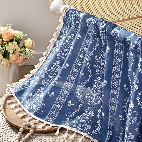 Yinhua Boho Valance Curtains Vintage Linen Blue Kitchen Valances for Windows Light Filtering Bohemian Floral Valance Rod Pocket Farmhouse Tassel Window Valances for Bathroom Cafe, 52" W X 18" L - color: Blue, size: 52"W x 18"L (Pack of 1)