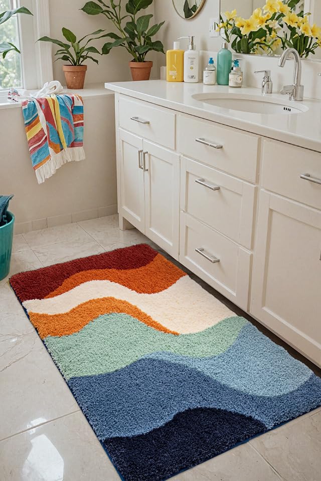 DEXI Bathroom Rug Washable, 32x20 Non Slip Bath Mat Absorbent, Soft Plush Microfiber Bathmat Quick Dry for Shower Floor, Colorful - color: Abstract Colorful, size: 32" X 20" (Rectangular)