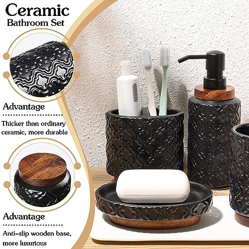 RQYIXI Elegant 4 PCS Ceramic&Wood Bathroom Accessories Set:Soap Dispenser,Toothbrush Holder,Tumbler,Soap Dish,Easy to Clean,Quatrefoil Pattern,Black-Affordable Luxury for Home Decor Enthusiasts - color: Black