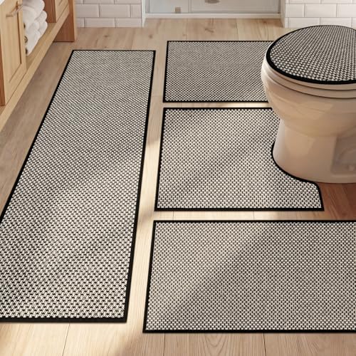 YIHOUSE Thin Bath Mat Black Bathroom Rugs Sets 5 Pieces, Non Slip Absorbent Bath Mats Quick Dry, Woven Braided Rugs Washable, Rubber Tapetes para Baño for Bathroom Toliet,Bathtub - color: Black, size: 5Pieces