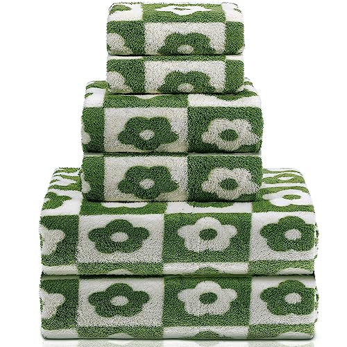 Kinlop 6 Pcs Checkered Bath Towels Set Back to School Lightweight Coral Washcloth Quick Dry Patterned Thin Coral Fleece Hand Towel for Bathroom Gym Spa Beach Accessory(Green,Fresh Flower) - color: Green, style: Fresh Flower