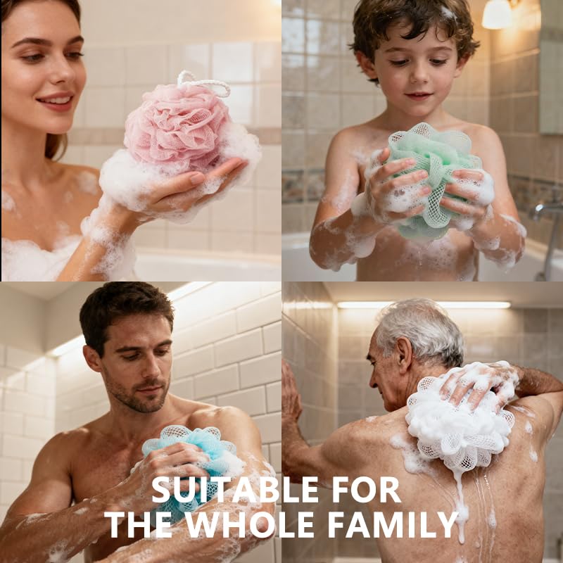 Shower Loofah Sponge for Men Women Loofah Exfoliating Body Scrubber 4 Color Mesh Shower Pouf Balls for Body Wash
