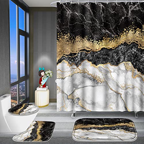 Poedist 4 Pcs Black and Gold Edge Marble Bathroom Shower Curtain Set, Bathroom Sets with Shower Curtain and Rugs(Bath Mat,U Shape and Toilet Lid Cover Mat) and 12 Hooks-Black - color: Black Yellow