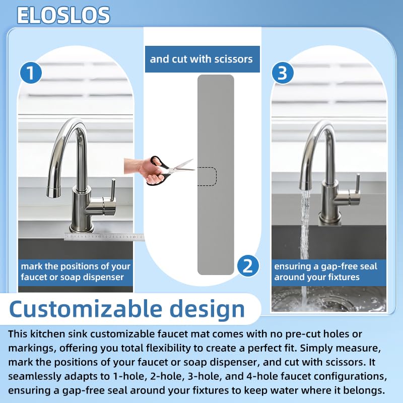 2Pcs 30" L x 5.5" W Customizable Sink Faucet Mat for Kitchen Sink 2 Holes & 3 Holes, DIY Cut for Oval/Rectangle/Square Faucets, Extra Long Quick-Drying Absorbent Splash Guard Counter Protector, Gray - style: 2 Pcs Gray