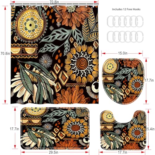 16 Pcs Shower Curtain Set with Rugs Boho and Metal Hooks Bath Mat 120gsm Heavy Weight Fabric Shower Curtains Bathroom Sets Decor Non-Slip Bathroom Rug and Bath Curtain Set 72 x 72 Inch,H-Boho - color: Boho