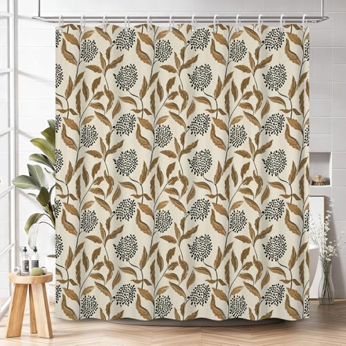 Vintage Botanical Shower Curtain with Hooks, Boho Brown Leaf and Black Floral Cluster Print Waterproof Fabric Bath Curtain for Farmhouse French Country Bathroom Decor, 71x74 Inches - color: Boho Botanical
