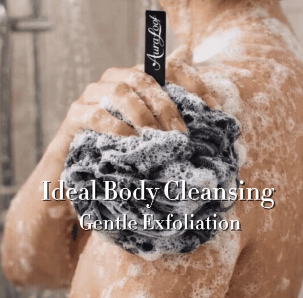 Charcoal Shower Loofah 60g - Extra Soft Bath Sponge with Hanging Ribbon, Durable Mesh Body Scrubber for Men & Women