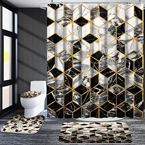 Poedist 4 Pcs Bathroom Shower Curtain Set, Honeycomb Marble Bathroom Sets with Rugs(Bath Mat,U Shape and Toilet Lid Cover Mat) and 12 Durable Hooks - color: Black White
