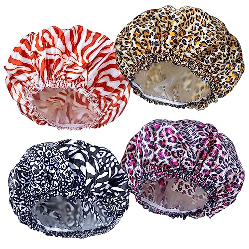 4 PCS Shower Caps for Women, Elastic and Reusable Bath Caps, Double Waterproof Layers Shower Cap, Bathing Shower Caps, Environmental Protection Hair Bath Hat - Printed Color - color: Printed Color 4 PCS/Set