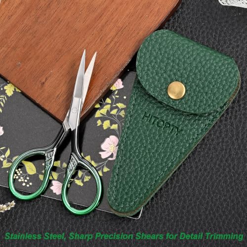 Small Sharp Scissors for Women Men Eyebrow Hair Beauty Grooming | All Purpose Tiny Travel Kit, for Beard, Moustache, Eyelash, Sewing, Embroidery, Detail Thread Paper Cutting with PU Cover - color: Dark Green