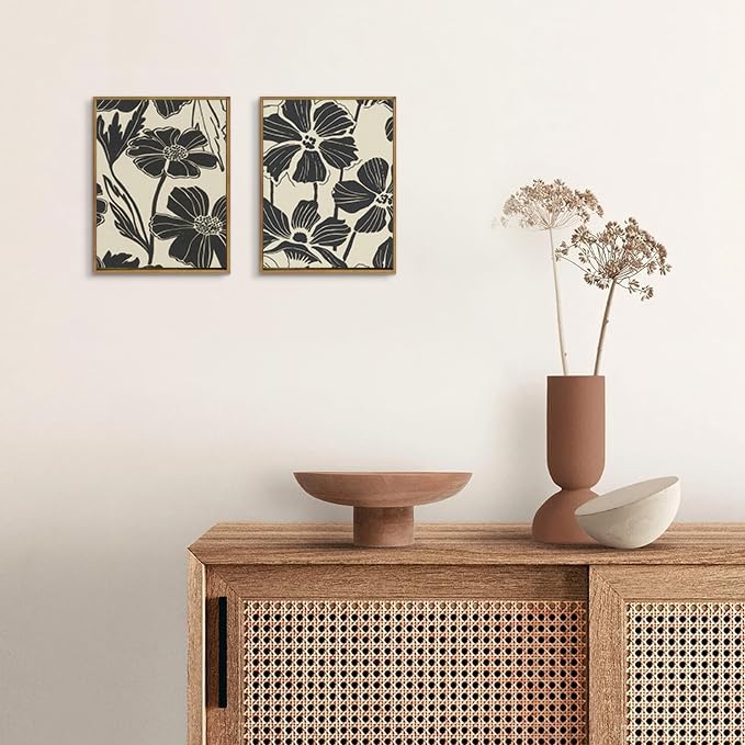 ARTZIO Framed Canvas Prints - Boho Abstract Flower Wall Art,Minimalist Botanical Painting,Vintage Retro Decor for Living Room,Bedroom & Bathroom,Set of 2,Ready to Hang(12"x16") - color: 2-PCS-4, size: 12"x16"