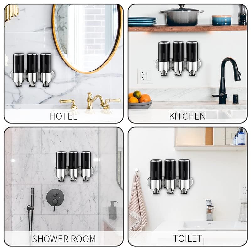 No-Drill 3 Pack 500ml Wall Mounted Soap Dispenser for Bathroom and Kitchen, Shampoo and Conditioner Dispenser Drill Free with Adhesive(Round-Black) - color: Black-1