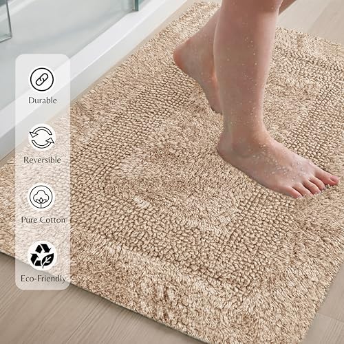 THE BEER VALLEY Set of 2 Reversible Bath Rug 21x32/17x24 Inch - Linen | Cotton Absorbent Bathmat for Bathroom, Washable Beige Toilet Throw Thick Mat - color: Linen Beige, size: 1'9" x 2'8" (Rectangular)