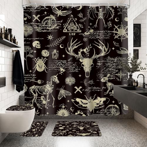 4 PCS Skulls Shower Curtain Set 72Wx72H Gothic Skeleton Celestial Mystic Bathroom Set Non-Slip Bath Rug Toilet Lid Cover U Shape Mat Complete Bathtub Accessories with 12 Hooks Bathroom Decor - color: A 05skeleton, size: 72"W x 72"L (Pack of 4)