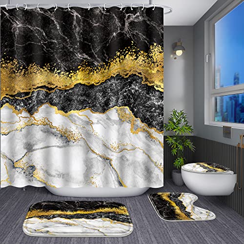 Poedist 4 Pcs Black and Gold Edge Marble Bathroom Shower Curtain Set, Bathroom Sets with Shower Curtain and Rugs(Bath Mat,U Shape and Toilet Lid Cover Mat) and 12 Hooks-Black - color: Black Yellow