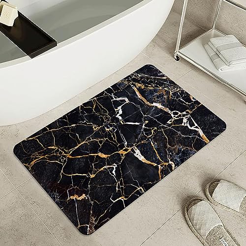 Bath Mat Rug,Black marble with yellow and white Non Slip Quick Dry Super Absorbent Thin Bathroom Rugs Fit Under Door-Easy to clean Bathroom Floor Mats-Shower Rug for Shower Sink Bathtub(16" x 24"In) - color: Black Marble With Yellow and White, size: 1'4"
