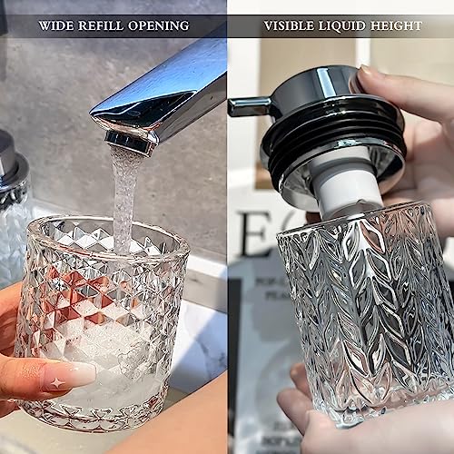 CICUFY Foaming Soap Dispenser 2 Pack, Foam Hand Soap Dispenser for Bathroom Kitchen Liquid Refillable Clear Glass Bottles with Silver Pump(Diamond Pattern-Clear) - color: Clear-2 Pcs, style: Foam/Diamond Leaf Pattern/Silver Top