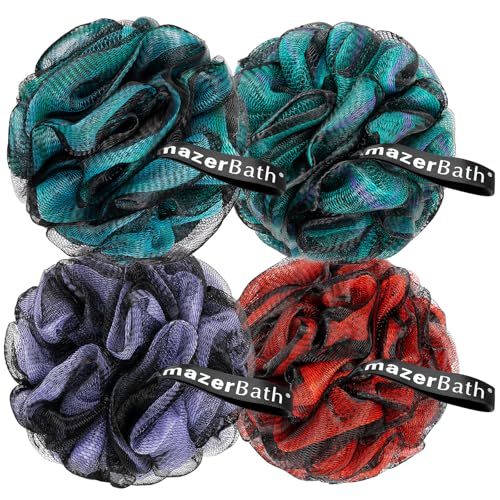 AmazerBath Charcoal Loofah Sponge, Large Shower Loofah 75g/PCS - Body Scrubber Loofa Set of 4 - Charcoal Blue, Green, Purple & Red, Bath Sponge for Men and Women - style: Charcoal Blue, Green, Purple & Red (75g)