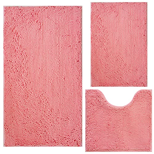Bathroom Rugs Chenille 3-Piece Extra Soft and Absorbent Shag Bathroom Rugs, Machine Wash Mat, Strong PVC Non-Slip Underside, Plush Carpet Mats (Pink) - color: Pink, size: 2'8" x 1'8" (16x24"+20x32"+20x20"U shape）