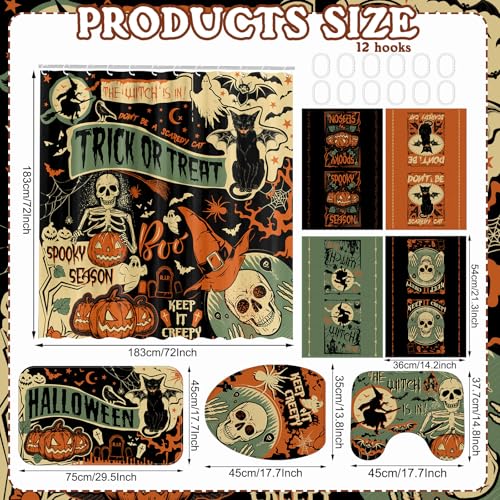 FuWeave 8 Pcs Halloween Shower Curtain Set for Bathroom Include Vintage Ghost Pumpkin Bat Cat Towels Non Slip Skull Rugs Toilet Lid Cover Spider Web Bath Mat and 12 Hooks for Halloween Bathroom Decor - color: Ghost Pumpkin