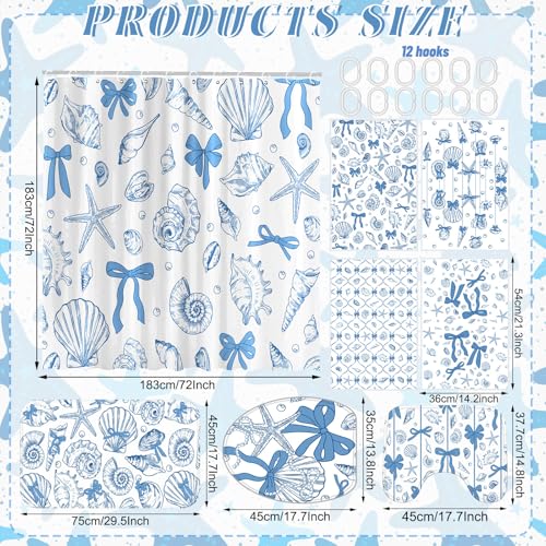 Tatuo 8 Pcs Beach Shower Curtain Set Blue Bow Ocean Bathroom Accessories Sets Coquette Starfish Coastal Waterproof Shower Curtain with Towels Carpet Bath Mat Toilet Rug 12 Hooks for Summer Beach Party - style: Blue Ocean