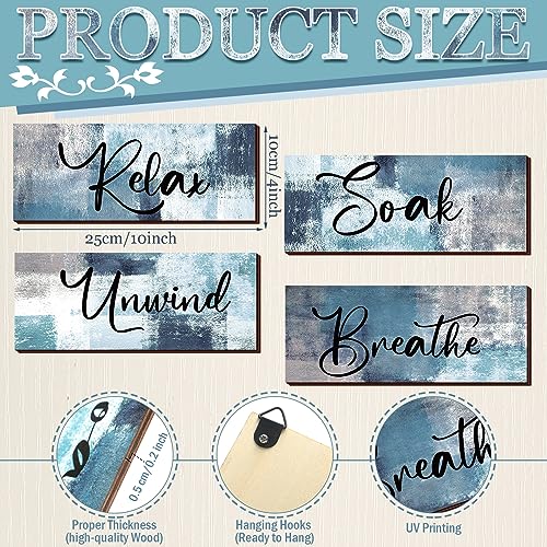 Maitys 4 Pcs Bathroom Wall Decor 10 x 4 Inch Bathroom Wall Art Contemporary Wood Restroom Pictures for Soak Unwind Relax Hanging Sign Spa Rustic Vintage Farmhouse Pediments(Blue, White) - color: Blue, White